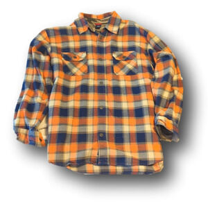 Navy tan and orange plaid flannel button-down shirt with snaps